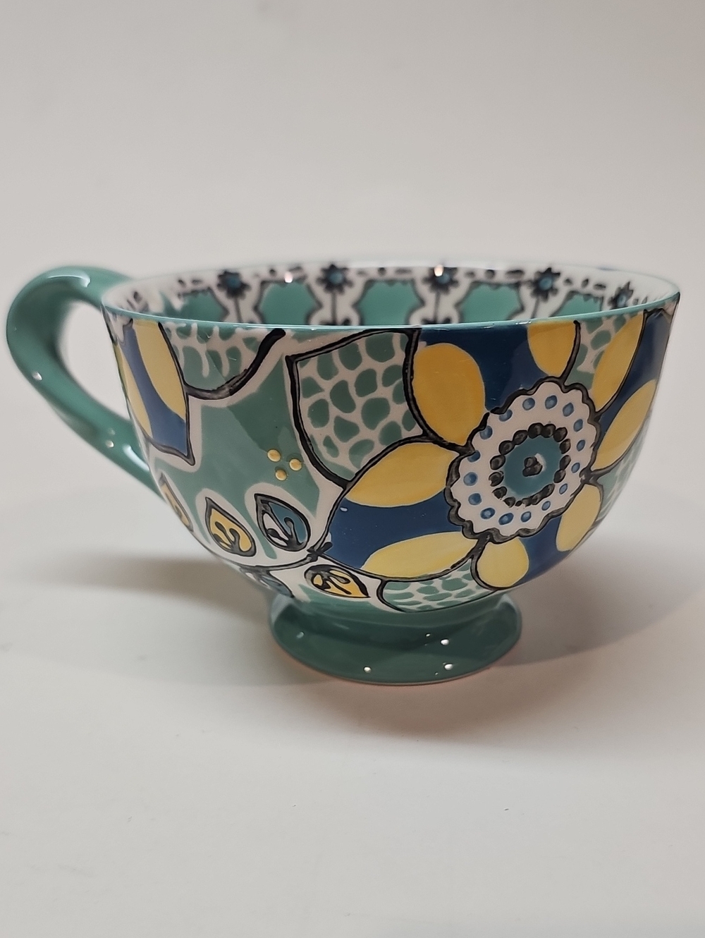 Anthropologie Elka Ayaka Floral Pedestal Mint Ceramic Coffee Mug Twisted Handle